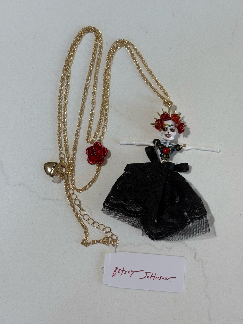 Betsey Johnson Sugar Skull Day Of The Dead Bride in Black Dress NWT Necklace 34”